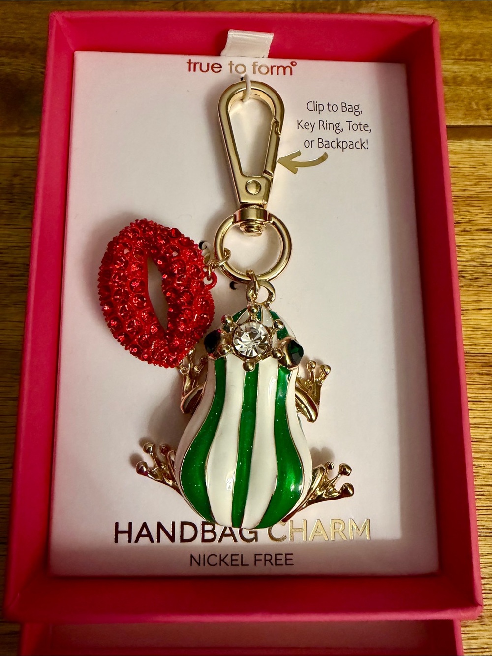 True to Form Green & White Frog Handbag Charm with Red Lip Accent